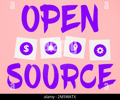 Textunterschrift für Open Source. Konzept bedeutet, dass die Software mit dem frei verfügbaren Original-Quellcode bezeichnet wird Stockfoto