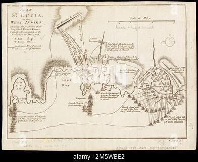 Plan von St. Lucia auf den Westindischen Inseln: Die Position der englischen und französischen Streitkräfte mit den Anschlägen bei ihrer Verkleinerung im Dezember. 1778. Erleichterung durch Hachures. Ausrichtung nach Norden links. Zeigt die Angriffe vom 13. Dezember bis 31. Dezember 16, 1778. Enthält beschreibenden Text. Vom Gentleman's Magazine, 1779. April... Plan von St. Lucia, auf den Westindischen Inseln. Plan von St. Lucia, auf den Westindischen Inseln, St. Lucia Stockfoto