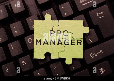 Textunterschrift, die den PPC-Manager darstellt. Wort, für das Werbetreibende jedes Mal Gebühren zahlen, wenn sie auf eine ihrer Anzeigen klicken Stockfoto