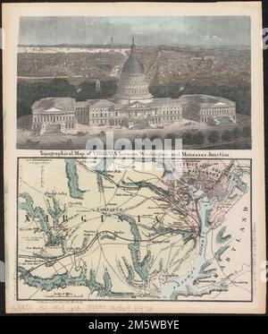 Topographische Karte von Virginia zwischen Washington und Manassas Junction. Zeigt die Positionen der Union und der Konföderierten beim Battle of Bull Run, Juli 21. 1861. Erleichterung durch Hachures. Tiefen werden durch Sondierungen angezeigt. Am rechten Rand unten: Der Road Maker führt zum Mount Vernon. Enthält einen Index der „U.S. Camps at Arlington Heights“ und eine handfarbige Illustration der USA Kapitol in der oberen Hälfte des Lichts , District of Columbia Virginia, Manassas, unabhängige Stadt Stockfoto