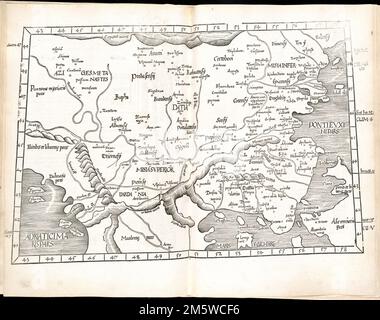 Tabula IX Europae. Karte der südlichen Balkanhalbinsel, einschließlich Nordgriechenland, Albanien, Mazedonien, Rumänien, Ungarn und Bulgarien. Freischnitt abgebildet. Enthält Namen von Orten und natürliche Merkmale. Am Rand: Klima- und Längennoten. Beschreibender Text innerhalb von Zierrändern auf Verso. Erscheint in der Geographia des Autors, übersetzt von Willibald Pirckheimer, mit Anmerkungen von Joannes Regiomontanus. Argentoragi [d. h. Straßburg] : Iohannes Grieningerus, communibus Iohannis Koberger impensis excudebat, anno a Christi Natiuitate 1525 tertio Kal[endas] Apriles. Lateinischer Text. Kat Stockfoto