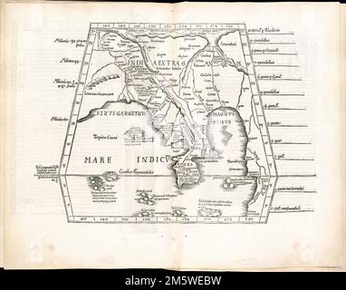 Tabula XI Asiae. Landkarte östlich des Ganges. Die Karte zeigt die Region Südostasien mit dem Ganges River im Westen, den „Sinae“ (China) im Osten und Südostasien, dem Indischen Ozean und dem Chinesischen Meer. Freischnitt abgebildet. Enthält Namen von Orten und natürliche Merkmale. Am Rand: Breitenanmerkungen. Beschreibender Text innerhalb von Zierrändern auf Verso. Erscheint in der Geographia des Autors, übersetzt von Willibald Pirckheimer, mit Anmerkungen von Joannes Regiomontanus. Argentoragi [d. h. Straßburg] : Iohannes Grieningerus, communibus Iohannis Koberger impensis excudebat, anno a Chr Stockfoto