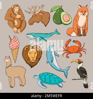 Vektor Tieraufkleber farbenfrohes Clipart Set Stock Vektor