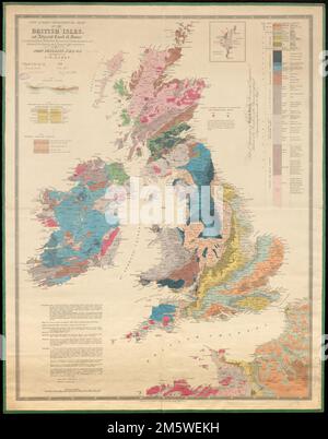 Neue geologische Indexkarte der britischen Inseln und der angrenzenden französischen Küste, die aus veröffentlichten Dokumenten, Mitteilungen namhafter Geologen und persönlichen Untersuchungen erstellt wurde. Enthält eine Tabelle der Überlagerung britischer Schichten, 3-Diagramme und Anmerkungen. Inset: Shetland-Inseln Britische Inseln, Gegend Stockfoto