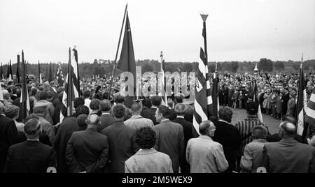 Mit einer Gedenkkundgebung, die 1958 hier in Bergen-Belsen stattfand, ehrten die Anhänger der Vereinigung Verfolgter des NS-Regimes (VVN) die Opfer der Nazis Stockfoto