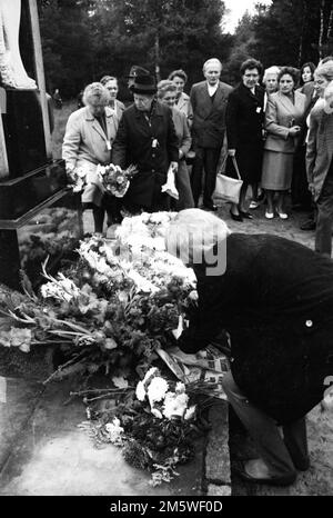 Mit einer Gedenkkundgebung, die 1958 hier in Bergen-Belsen stattfand, ehrten die Anhänger der Vereinigung Verfolgter des NS-Regimes (VVN) die Opfer der Nazis Stockfoto