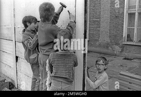 DDR, Berlin, 28. April 1990, Kinder auf der Mauer zwischen den Mauern der Bernauer Straße, C. Rolf Zoellner Stockfoto