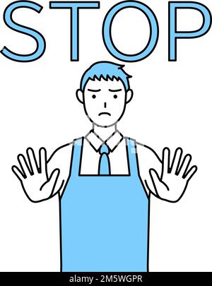 Ein Mann in einer Schürze, mit der Hand vor seinem Körper, um anzuhalten. Stock Vektor