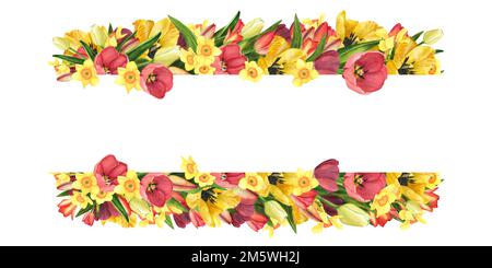 Rahmen mit Tulpen und Narzissen isoliert auf weißem Hintergrund. Wasserfarbene Frühlingsblumen, handgezeichnete Ränder. Frühjahrsdarstellung für Designdekor Stockfoto