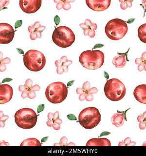 Handgezeichnetes, nahtloses Apfelmuster mit Apfelblumen, Blättern und roten Äpfeln. Wunderschöner moderner Hintergrund. Stockfoto