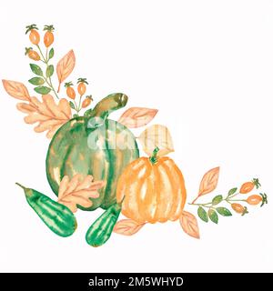 Aquarell-Boho-Blumensträuße im Herbst. Wasserfarbener, künstlerischer natürlicher Rahmen: Kürbisse, Zucchini, Blätter, Hunderose isoliert auf weißem Hintergrund Stockfoto