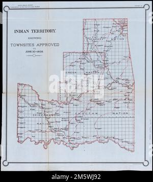 Indian Territory mit bis 30. Juni 1902 genehmigten Townsites. Getrennt von einem Dokument des US-Repräsentantenhauses in der Serie des US-Kongresses (Serial Set 4459 H.Doc.5/4), auf Seite 164: Jahresberichte des Innenministeriums für das am 30. Juni 1902 endende Geschäftsjahr. Indische Angelegenheiten, Teil II Washington: Government Printing Office, 1903. Am oberen Rand: 9. Jahresbericht, Provision an die fünf zivilisierten Stämme. Beweisstück 6." Karte des indischen Territoriums (später der östliche Teil des Bundesstaats Oklahoma), die die Grenzen der Cherokee, Chi, zeigt Stockfoto