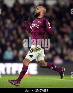 David McGoldrick aus Derby County während des Spiels Sky Bet League One im Pride Park Stadium, Derby. Foto: Freitag, 30. Dezember 2022. Stockfoto