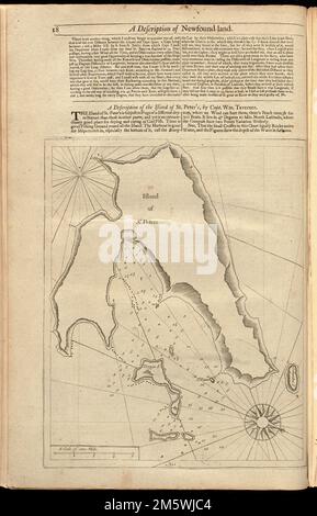 [Insel St. Peters]. Erleichterung durch Hachures. Tiefen werden durch Sondierungen angezeigt. Norden nach unten rechts ausgerichtet. Im englischen Piloten das vierte Buch. London : gedruckt für William Mount und Thomas Page, 1737. Enthält Text: Eine Beschreibung der Insel St. Peters von Kapitän WM. Taverner (S. 18). Zu Verso: Text und ill. Mit Lauftitel: Eine Beschreibung von Neufundland , St. Pierre und Miquelon, Territorium Stockfoto