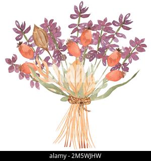 Handgezeichnete Aquarelle Wildblumen Strauß Illustration. Lavendel, Hundrose, gelbe Blätter, Retro, rustikaler Stil. Stockfoto