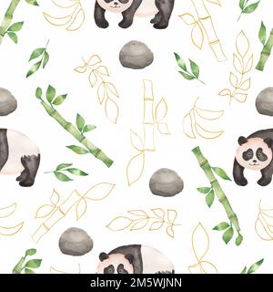 Aquarell nahtlos handgezeichnete tropische Blätter Bambusbaummuster mit Pandabär und goldenem Bambus. Aquarelle wilde Blätter mit wildem Tier als Hintern Stockfoto