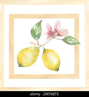 Aquarell, handgezeichnet Design für Keramikfliesen mit Zitronenzweig mit Blumen, Majolica, Aquarellornamenten. Stockfoto