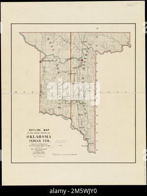 Landkarte des Landes, bekannt als Oklahoma, Indianer Ter. Eröffnet zur Abrechnung durch Executive Order vom 23. März 1889. Washington... Amerika verwandelt sich: Das Indian Removal Act von 1830 hat den östlichen Teil des heutigen Oklahoma den Chahta (Choctaw), Chikasha (Chickasaw), Mvskoke (Creek), Semvnole (Seminole) und Tsalagi (Cherokee) und anderen östlichen Stammesnationen zugewiesen. Nach dem Bürgerkrieg hat die US-Regierung einen Großteil des westlichen Oklahoma den Stämmen in den Great Plains und weiter westlich zugewiesen. Als Präsident Benjamin Harrison 1889 sein Amt antrat, unterzeichnete er eine Proklamation o Stockfoto