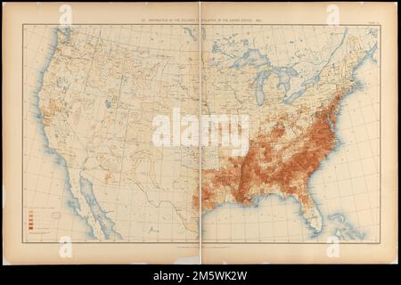 Verteilung der farbigen Bevölkerung der Vereinigten Staaten : 1890. Aus dem Statistikatlas der Vereinigten Staaten: Auf der Grundlage der Ergebnisse der elften Volkszählung / von Henry Gannett. Washington: Government Printing Office, 1898. 'Platte 10.' Amerika wandelte sich: Die afroamerikanische Bevölkerung wuchs von 4,4 Millionen zu Beginn des Bürgerkriegs auf 7,5 Millionen im Jahr 1890, was 12 Prozent der Gesamtbevölkerung des Landes entspricht. Diese Karte aus dem statistischen Atlas, die 1890 Volkszählungsdaten verwendet, verwendet sechs Braunschattierungen, um die Verteilung und Dichte der Bevölkerung anzuzeigen. Die meisten Afroamerikaner blieben ich Stockfoto