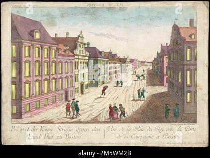 Prospect der König Strasse gegen das Land thor zu Boston = Vuë de la Rue du ROI vers la porte de la Campagne a Boston. Zusätzlicher Titel vom oberen Rand (als Merkmal optischer Ausdrucke wird der Serientitel umgekehrt gedruckt). Aus „Collection des Prospects“. SE vend á Augsbourg au Negoce com̄un de l'Academie Imperiale d'Empire des Arts libereaux avec Privilege de Sa Majesté Imperiale et avec Defense ni d'en faire ni de vendre les copies. Printmedien zeigen den Blick auf die King Street in Boston, Massachusetts. Vue de Boston. Vue de Boston, Massachusetts, Suffolk, County, Boston Stockfoto