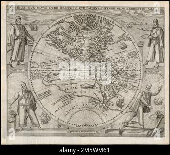 America sive novvs orbis respektv Evropaeorvm inferior globi terrestris pars. Freischnitt abgebildet. Der erste Meridian: Ferro. Vier Entdecker unterstützen den Kreis, der die Hemisphäre in einer maritimen Landschaft umgibt. Die Entdecker mit den Daten ihrer Entdeckungen sind von oben links: Christopher Columbus (1492) und Amerigo Vespucci (1497); von unten links: Ferdinand Magellan (1519) und Francisco Pizarro (1526). Mit Illustrationen von Schiffen und einem monströsen Fisch. Erste Karte von Amerika, die die Geografie von Virginia und Florida mit White-le-Moyne zeigt. Aus Teil 6 von de Bry's Grands Voyages... Amerikanisch Stockfoto