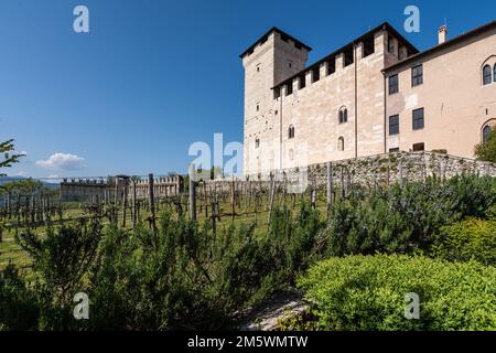 Die mittelalterliche Burg Rocca di Angera am Ufer des Lago Maggiore mit ihrem wunderschönen Garten, der Lombardei, Italien Stockfoto