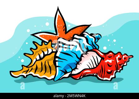 Farbenfrohe Muscheln und Seesterne. Schneckenmuschel. Meeres-Unterwasser-Muschel. Spiralform. Unterwasser-Weichtiere. Tier und Tierwelt. Zeichentrickfilm Stock Vektor