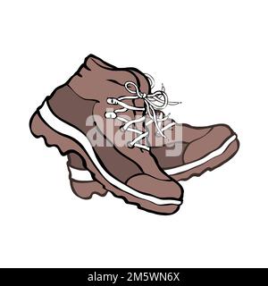 Ein Paar Wanderschuhe. Modische Touristenschuhe. Reiseausrüstung. Aktiver Lifestyle. Cartoon-Vektordarstellung isoliert auf weißem Hintergrund. Handgezeichnet Stock Vektor
