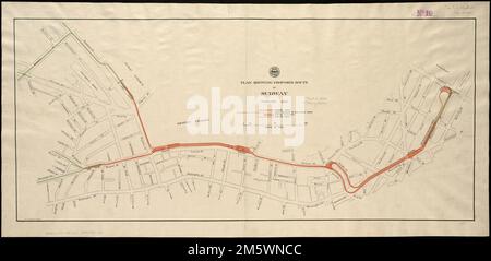 Plan zeigt die vorgeschlagene Route der U-Bahn, Februar 1895. Bezieht sich auf die Tremont Street Subway. Unter unseren Füßen: Ende des 19. Jahrhunderts kämpfte Boston mit einer schnell wachsenden Bevölkerung, die für ihre täglichen Bedürfnisse zuverlässige Transportmittel durch die Stadt benötigte. Die Tremont Street in der Nähe des Boston Common war das Epizentrum eines chaotischen Transitnetzes, in dem Hunderte von Pferdekutschen, Straßenautos und Fußgängern während der Hauptverkehrszeit zu sehen waren. Das umstrittene Mittel gegen Bostons Transitalbtraum war die U-Bahn. Diese 1895-Karte zeigt die erste geplante Route vom öffentlichen Garten zur Nordstation. Auf S Stockfoto