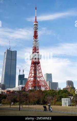 Tokio, Japan. 10. November 2022. Das weltberühmte Wahrzeichen Tokyo Tower, ein städtischer Fernseh- und Radioantennen-Mast und Aussichtsplattform Shopping Center Touristenattraktion aus dem Shiba Park in der Stadt Minato in der Nähe des Zojo-ji Tempels.Japan hat vor kurzem nach mehr als zwei Jahren Reiseverboten aufgrund der COVID-19-Pandemie wieder für den Tourismus geöffnet. Der Yen hat gegenüber dem US-Dollar stark abgeschrieben, was zu wirtschaftlichen Turbulenzen für den internationalen Handel und die japanische Wirtschaft geführt hat. Auch in Japan werden täglich mehr als 100.000 neue COVID-19-Fälle gemeldet, und Tokio macht ungefähr wieder aus Stockfoto