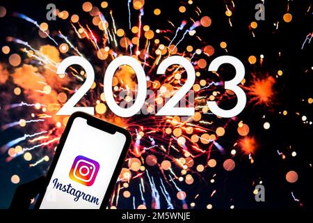 In diesem Foto Illustration ein Instagram-Logo auf einem Smartphone angezeigt. Stockfoto