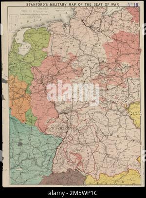 Stanfords Militärkarte vom Kriegssitz. Linderung durch Hachures... Stanfords Militärkarte der französisch-preußischen Grenze, die das Ausmaß Preußen vor dem Krieg von 1866 und ihre Anschaffungen seit diesem Krieg zeigt : auch alle Bundesstaaten Süddeutschlands mit den Eisenbahnen und Festungsanlagen. Stanfords Militärkarte der französisch-preußischen Grenze, die das Ausmaß Preußen vor dem Krieg von 1866 und ihre Übernahmen seit diesem Krieg zeigt : auch alle Bundesstaaten Süddeutschlands mit den Eisenbahnen und Festungen, Deutschland Mitteleuropa , Gebiet Stockfoto