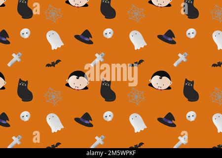 Nahtloser orangefarbener Hintergrundvektor mit Halloween-Muster Stock Vektor
