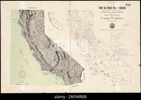 Relief und Mineralkarte von Kalifornien, die die Topographie und die ungefähren Standorte aller wichtigsten Mineralvorkommen zusammen mit Statistiken über die Mineralproduktion zeigt. Freischnitt durch Schattierung dargestellt. Umfasst Produktionsstatistiken für 1903 und vergleichende Flächenkarte , Kalifornien Stockfoto