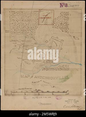 Karte von Andersonville, Sumter Co., Georgia. Manuskriptkarte in Tinte, die Andersonville und das Militärgefängnis und den Friedhof zeigt, die von den Konföderierten während des Amerikanischen Bürgerkriegs genutzt wurden. Freischnitt durch Konturen dargestellt. Carleton schickte im Mai 1865 nach Andersonville, um eine topographische Untersuchung des Gefängnisses und seiner Umgebung zu erstellen, und übermittelte Major General H. Wilson vor seiner Freilassung im Juni 1865 , Georgia , Sumter , County , Andersonville National Historical Site Georgia , Sumter , County , Andersonville Stockfoto