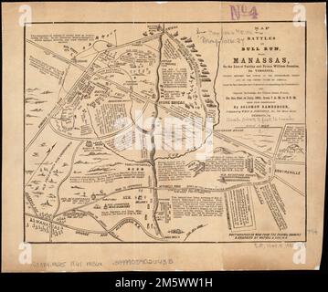 Karte der Schlachten am Bull Run, bei Manassas, an der Linie von Fairfax & Prince William Counties, in Virginia, gekämpft zwischen den Streitkräften der Konföderierten Staaten und der Vereinigten Staaten von Amerika: Gene'ls. Beauregard und Johnston kommandieren den Konföderierten und Genl. McDoweel, die US-Streitkräfte, am 21. Juli 1861 von 7 bis 21.00 Uhr Freischnitt abgebildet. Enthält Text.. Zerrissen in zwei Teile: Die erste große Schlacht des Krieges fand am 21. Juli 1861 statt, in der Nähe von Manassas, Virginia, einer wichtigen Eisenbahnverbindung etwa 25 Meilen westlich von Washington, DC. Diese Karte, veröffentlicht in Richmond, ist es Stockfoto