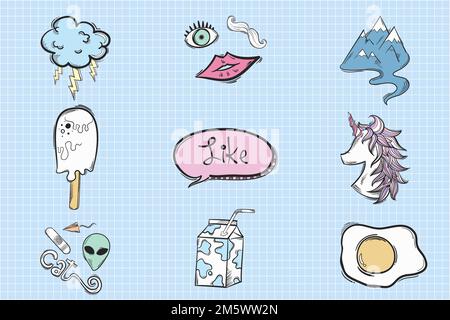 Von Hand gezeichnetes, flippiges Cartoon-Sticker-Set Stock Vektor