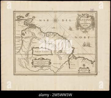 Guayana sive Amazonum regio. Zeigt den östlichen Teil von Nord-Südamerika. Freischnitt abgebildet. Verso ist leer. Katalogisierung, Erhaltung und Digitalisierung teilweise durch die National Endowment for the Humanities: Exploring the human Endeavor. Teil des zusammengesetzten Portfolioatlas mit dem Titel „Sammlung alter Karten.“. Gviana siue Amazonvm regio Gviana sive Amazonvm regio Sammlung alter Karten. Gviana siue Amazonvm regio Gviana sive Amazonvm regio Sammlung alter Karten, Guayana, Gegend Südamerika Stockfoto