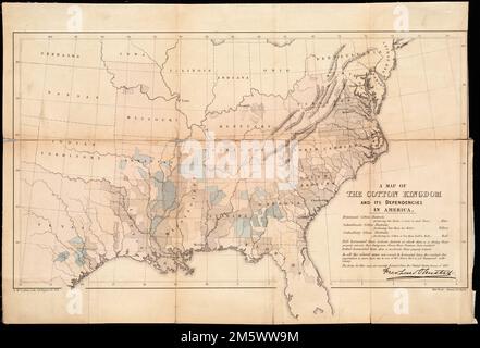 Eine Karte des Baumwollreiches und seiner Abhängigkeiten in Amerika. Zeigt dominante und untergeordnete Baumwollbezirke und untergeordnete Sklavenbezirke. Erleichterung durch Hachures. „Die Daten für diese Karte stammen hauptsächlich aus der US-Volkszählung von 1850.“ Aus Richtung Frederick Law Olmsted's The Cotton Kingdom: Mason Brothers, 1861. Amerika transformiert: Diese statistische Karte befasst sich mit der Bedeutung der Baumwolllandwirtschaft in der Wirtschaft vor dem Amerikanischen Bürgerkrieg. Sie stellt die landwirtschaftliche Produktivität und nicht die Verteilung und Dichte des Baumwollanbaus dar, indem sie zwei Variablen abbildet: Die Produktion Stockfoto