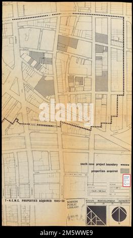 T-N.E.M.C. Immobilien erworben 1945-58. Begleitet den Entwicklungsplan des Tufts New England Medical Center für ein Grundstück in der Innenstadt von Bostons New York Streets/South Cove Gegend neben Chinatown. Norden oben links ausgerichtet. Der angegebene Maßstab und der Nordpfeil sind falsch Massachusetts, Suffolk, County, Boston, Chinatown Stockfoto