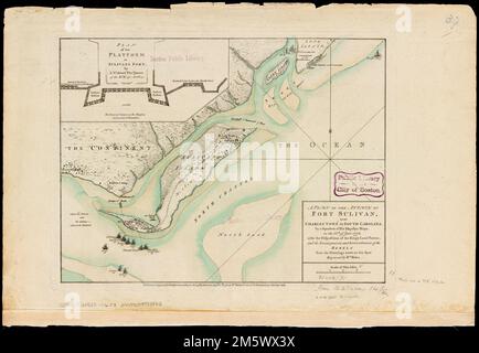 Ein Plan des Angriffs auf Fort Sulivan in der Nähe von Charles Town in South Carolina: Von einem Geschwader der Schiffe seiner Majestät, am 28. Juni 1776, mit der Verfügung der Landstreitkräfte des Königs, und den Lagern und Vertiefungen der Rebellen aus den Zeichnungen, die vor Ort gemacht wurden. Tiefe wird durch Sondierungen angezeigt. Einsatzplan des Bahnsteigs in Fort Sulivans. Von LT. Colonel Thos. James vom RL. Rt. Der Artillerie. Zeigt britisches Geschwader mit Namen der Schiffe, insbesondere „Brücke der Boote“ bei Hetheral Pat., Rebellenzentren und Vegetation. Unterhalb des unteren Ranges: "London. Nach Acto von Par Stockfoto