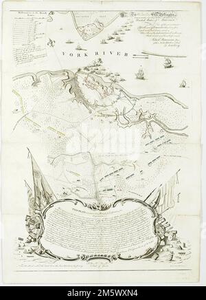 An Seine Exzellenz Genl. Washington, Oberbefehlshaber der Armeen der Vereinigten Staaten von Amerika, dieser Plan der Investition von York und Gloucester wurde befragt und niedergelegt und ist sehr bescheiden von dem gehorsamen Diener seiner Exzellenz. 'Dieser Plan wurde zwischen dem 22. Und 28. Oktober 1781 gemacht.'-- Cartouche zu Fuß. Hinweis: Das Land innerhalb der gepunkteten [sic] Linien wurde durch eine Erhebung festgelegt." Linderung durch Hachures.. Zeigt die Position der britischen und amerikanischen Truppen, die britische Verteidigung, einschließlich der am Gloucester Point, die Feuerkörper, die erste und zweite Parallele, die Headqua Stockfoto