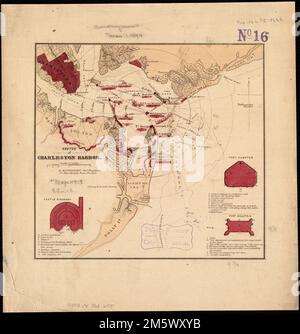 Skizze vom Hafen von Charleston. Zeigt Befestigungsanlagen, Straßenmuster von Charleston, Vegetation und einige Sondierungen. Burg Pinckney. 7 x 5 cm – Fort Sumpter [sic]. 7 x 6 cm – Fort Moultrie. 5 x 6 cm Beschreibung abgeleitet aus veröffentlichter Literatur. Variante, die die Erdbauarbeiten auf James Island zeigt, die sich von der Küste bis zur Batt krümmen. Royal und enthält zusätzliche Sehenswürdigkeiten und militärische Informationen. Zerrissen in zwei Teile: Das Bombardement der Konföderierten und die Kapitulation der Union von Fort Sumter im Hafen von Charleston vom 12. Bis 13. April 1861 markierten den Beginn des Bürgerkriegs. Seit die Stadt unter dem Konföderierten blieb Stockfoto