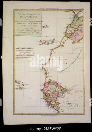 Partie occidentale de L'Afrique, Contenant les Pays et etats voisins de la Côte, entre le Cap St. Vincent et le Cap Tagrin : avec L'Isle Madere, Les Isles Canaries, et celles du Cap Verd. Freischnitt abgebildet. Ausgestellt in „Faces and Places“ in der Boston Public Library, Boston, MA, 2003. Oktober bis 2004. September. MB (BRL). Diese vom französischen Depot de la Marine veröffentlichte Karte des Nordwestafrikas zeigt die besiedelten Stammesgebiete nördlich und südlich der Sahara. Diese bunten Jurisdiktionen stellen einen starken Kontrast zur Verwüstung der Wüste selbst dar, die Domina Stockfoto