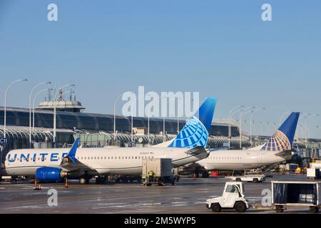 United Airlines am Chicago O'Hare Flughafen am 24 2022. Dezember. Stockfoto