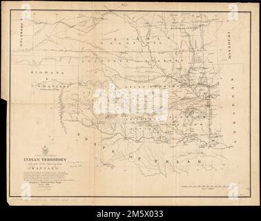 Indian Territory, mit einem Teil des angrenzenden Bundesstaates Kansas, &c. Erleichterung durch Hachures. 'Erstellt von der Karte Danls. C. Major, USA Astt. Sie zeigt die Grenzen der Choctaw- und Chickasaw-Nationen, des Creek, Seminole und geleasten indischen Landes, das von der Autorität der Commrs gegründet wurde. Indische Angelegenheiten in den Jahren 1858-59. Und von Lieut. Oberst J.E. Johnstons Karte der Südgrenze von Kansas im Jahr 1857. Die Karte des Creek Country von Lieut. L. C. Woodruff, Topl. Engrs., in 1850-51." Beschrieben in LC viele Nationen Oklahoma Stockfoto