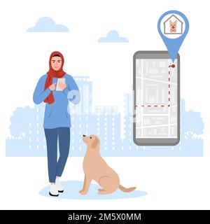 Vektordarstellung die muslimische Frau verwendet eine App auf dem Handy, um das Hundeheim, das Haustierhotel und das Hotel auf übermäßige Exposition von Tieren zu durchsuchen. Nur digital Stock Vektor