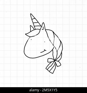 Handgezeichneter niedlicher Einhorn-Doodle-Stil auf einem Gitterhintergrund Stock Vektor