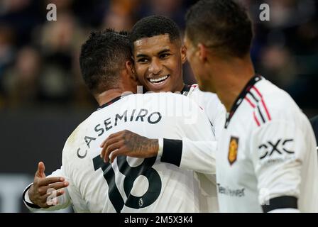 Wolverhampton, Großbritannien. 31. Dezember 2022 Marcus Rashford von Manchester United feiert das Premier League-Spiel in Molineux, Wolverhampton. Der Bildausdruck sollte lauten: Andrew Yates/Sportimage Credit: Sportimage/Alamy Live News Stockfoto