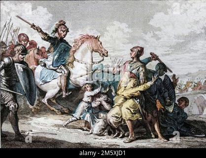 Assassinat des Fils de Thierry II de Bourgogne, en 613, en Presence de Clotaire (Clothaire) II (584-628), roi de Neustrie. Parmi eux, Sigebert II (601-613). Gravure de Jean Michel Moreau, dit Moreau le Jeune (1741-1814), 18eme siecle. Figures de l'histoire de France (dessinées par Moreau le Jeune, Lépicié et Monnet, gravées par Le Bas avec notices de l'abbé Jean-Jacques Digital Garnier) 1785 - Colorisation d'apres l'originale - Stockfoto